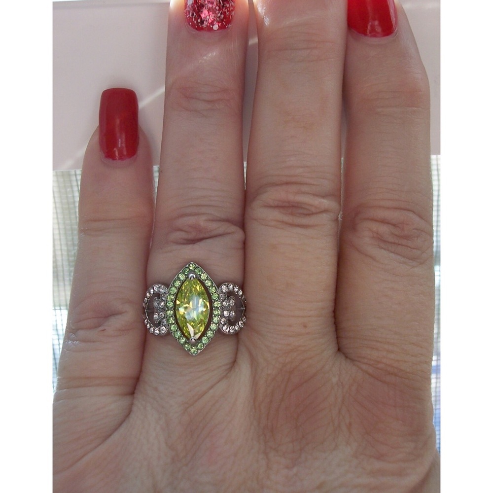 Marquise Simulated Peridot & Cubic Zirconia Ring Stainless Steel Women's - Picture 11 of 16